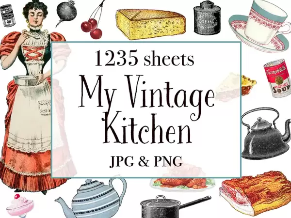 【クリップアート】マイビンテージキッチンのイラスト素材 【アンティーク・パブリックドメイン】